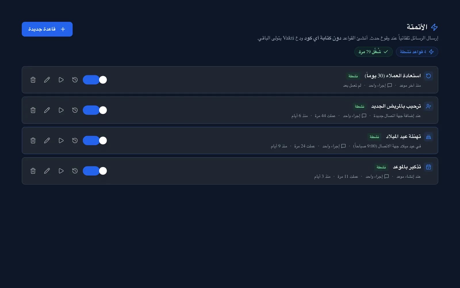شاشة أتمتة Vakti: قائمة قواعد تذكير المواعيد وأعياد الميلاد واستعادة العملاء